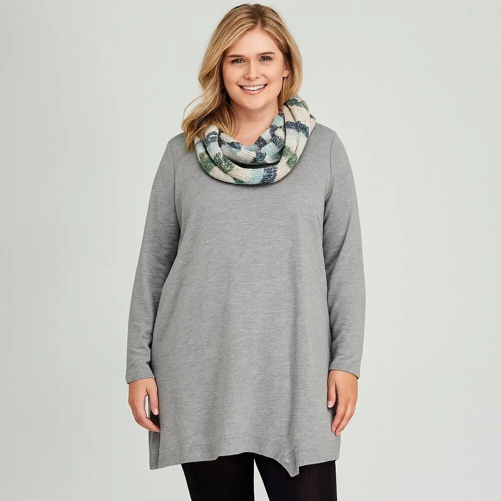 89th & Madison Gray Tunic Sweater + Scarf Set 1X Plus Cozy Knit